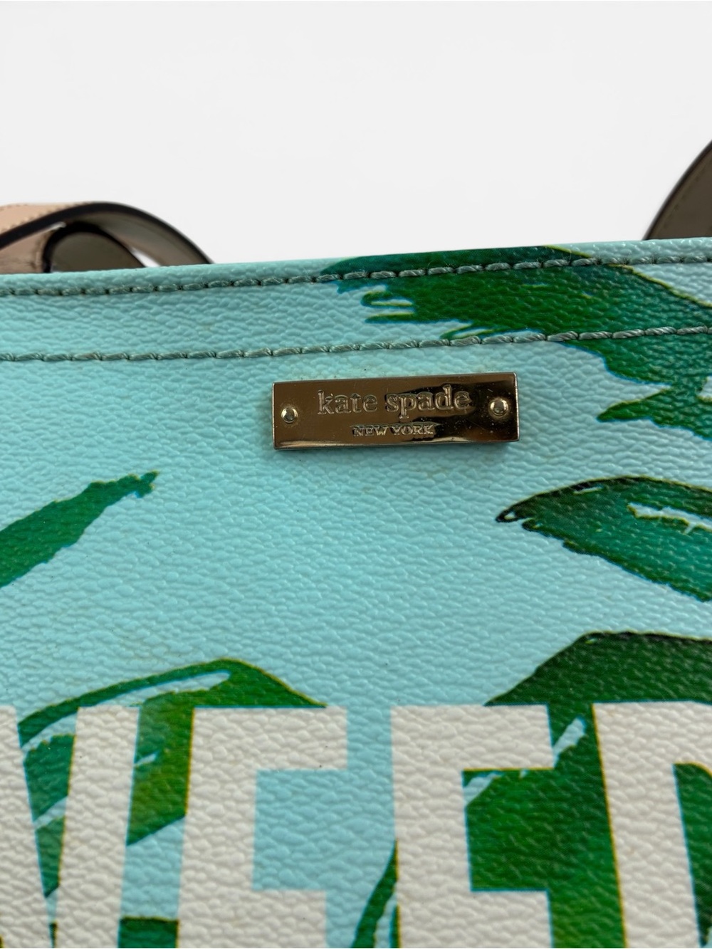 kate spade Palm-Print 'I Need A Vacation' Tote in Aqua with Tan Handles - Picture 4 of 6